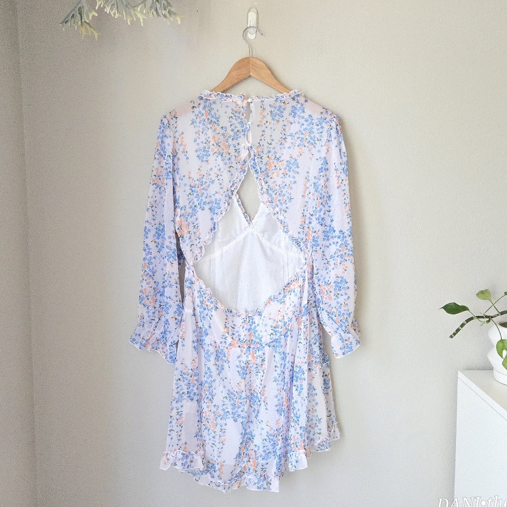 Floral Chiffon Open Back Cutout Ruffle Trim Semi-Sheer Long Sleeve Dress - Picture 4 of 15